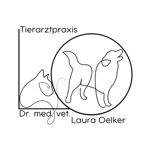 Logo der Tierarztpraxis Dr. med. vet. Laura Oelker in Hemmingen in schwarz und weiß auf weißem Hintergrund als Logobestandteil sieht man ein großes L auf dem eine Katze liegt und ein großes O in dem ein Hund steht
